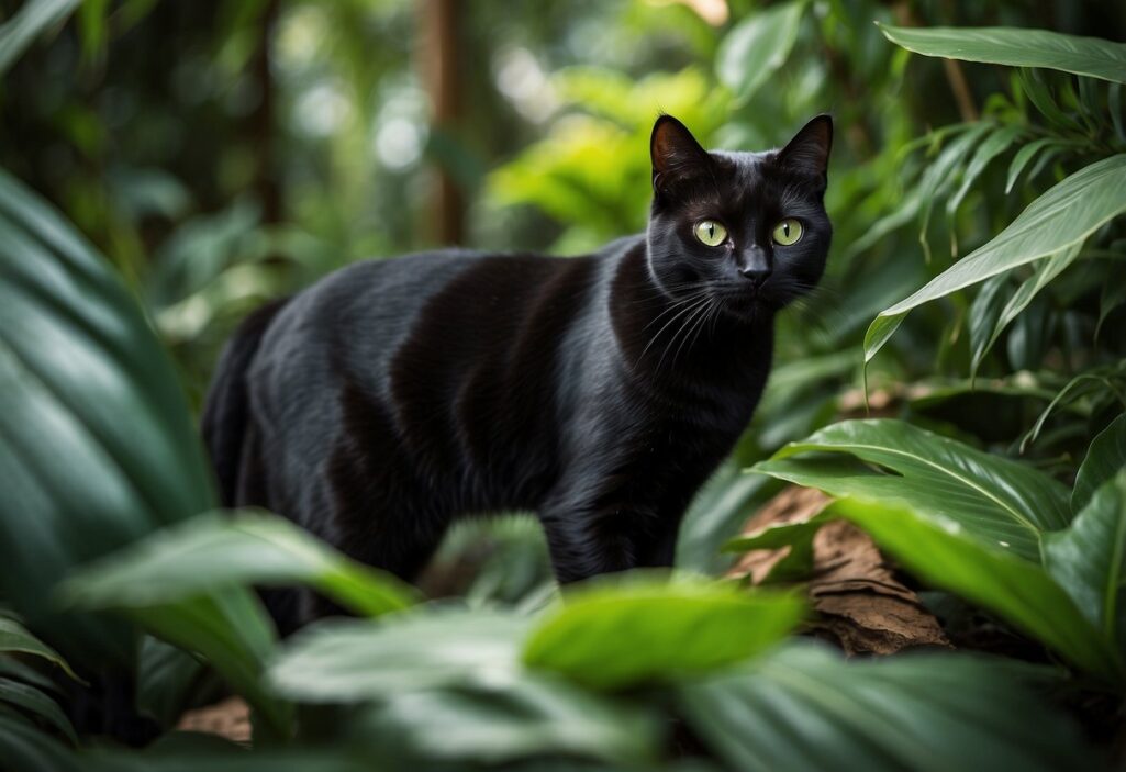 Um elegante gato preto com penetrantes olhos verdes está orgulhosamente cercado por uma vibrante variedade de folhagens da selva e animais exóticos